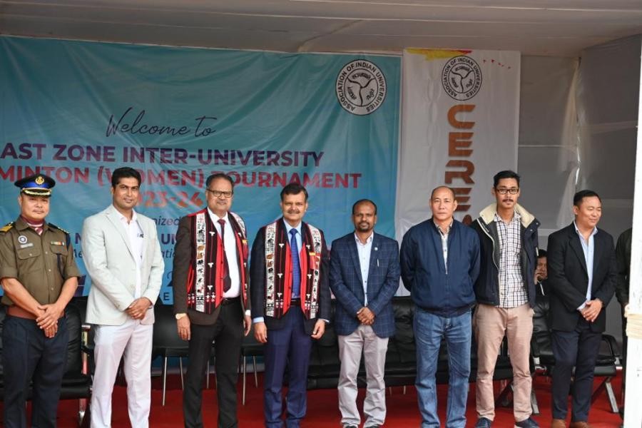 Deputy Director of Sports and Organizing Secretary, Harish Kumar Tiwari, Additional Secretary of the Ministry of Education Sunil Kumar Barnwal, Vice Chancellor, Prof Jagadish Kumar Patnaik, Registrar Dr Abemo and others during the inaugural of the East Zone Inter University Badminton (Women) Tournament - 2023 at Nagaland University, Lumami on November 21.